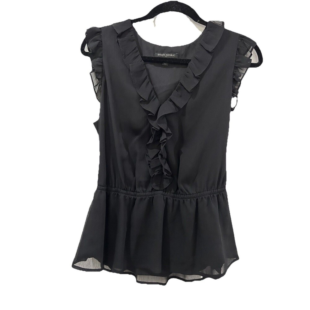 Banana Republic Petite Small Top Black Ruffle V Neck Peplum Waist